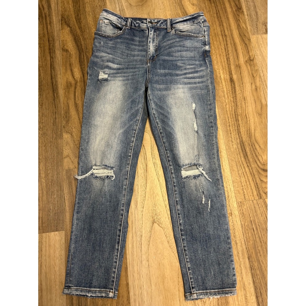 Risen Jeans Womens 31/13 Medium‎ Wash Distressed Straight Leg Raw Hem RDP1270